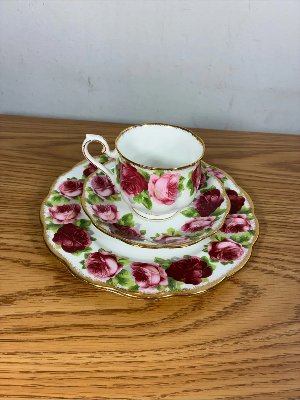Royal Albert English Rose Pattern Teacup, Saucer & Plate – Pink and Burgundy